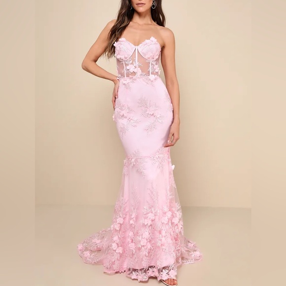 Lulu's Elegant Pink Embroidered Floral Lace Bustier Maxi Dress Gown - Picture 1 of 5